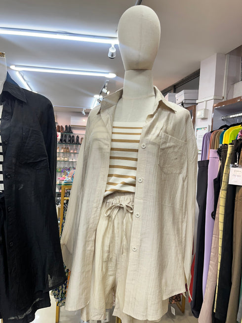 Chiffon Collar Shirt and Short With Stripes Tang Top Sets